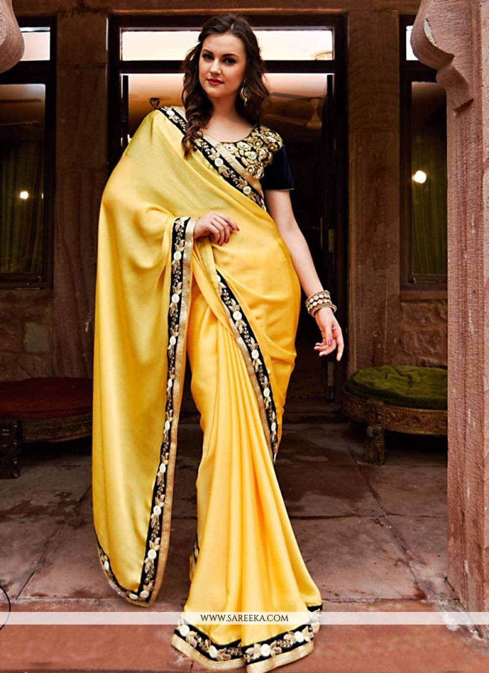 Buy Chiffon Satin Yellow Designer Saree Online : UK, USA, Canada ...