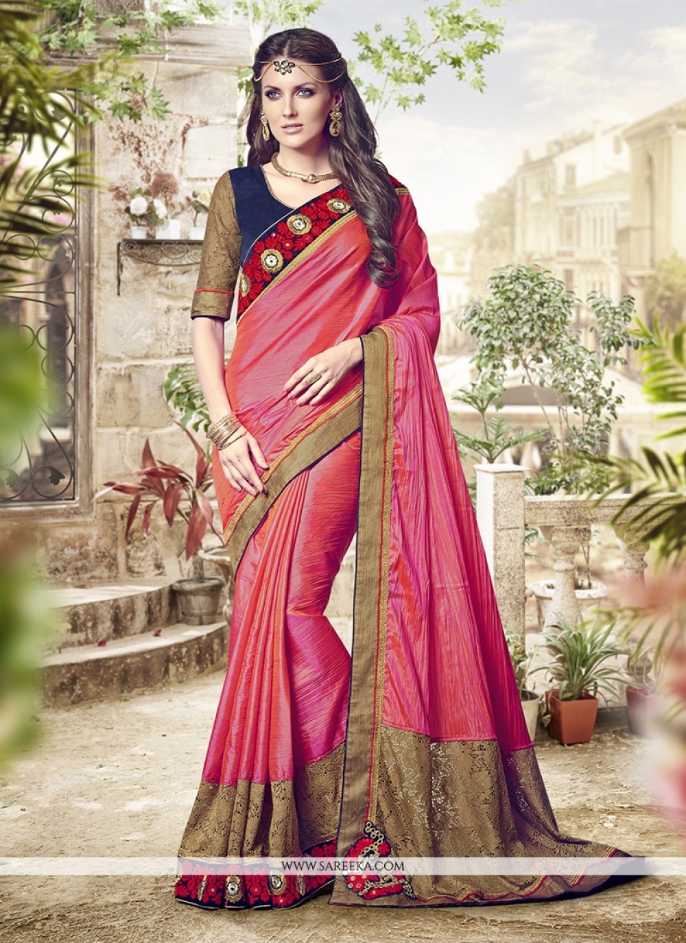 Embroidered Work Hot Pink Traditional  Saree