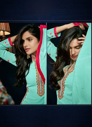 Resham Work Georgette Turquoise Pant Style Suit