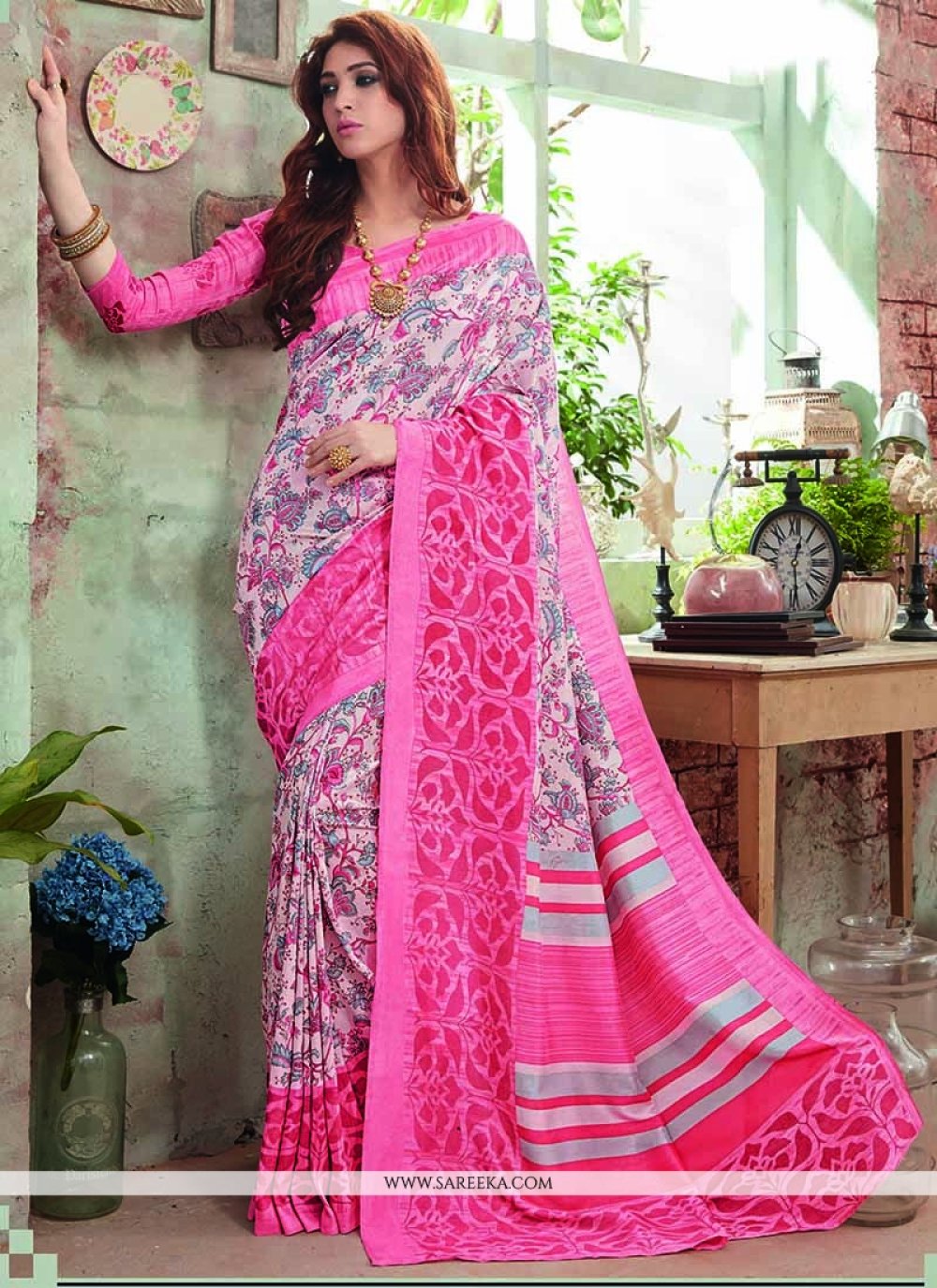 Art Silk Pink Printed Saree