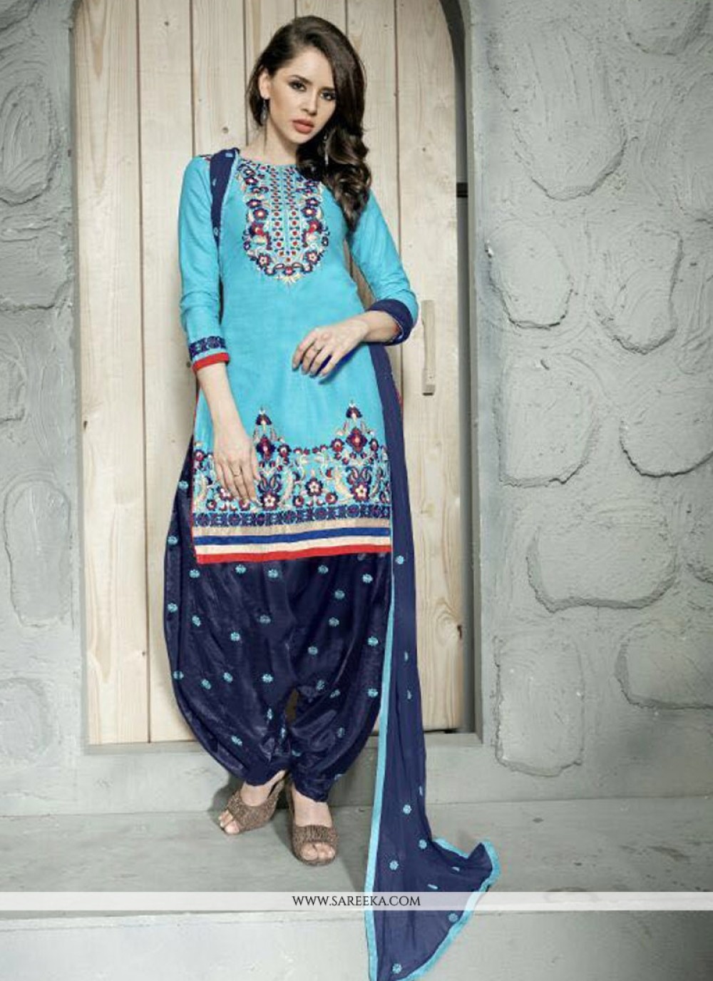 Embroidered Cotton   Trendy Punjabi Churidar Suit in Turquoise