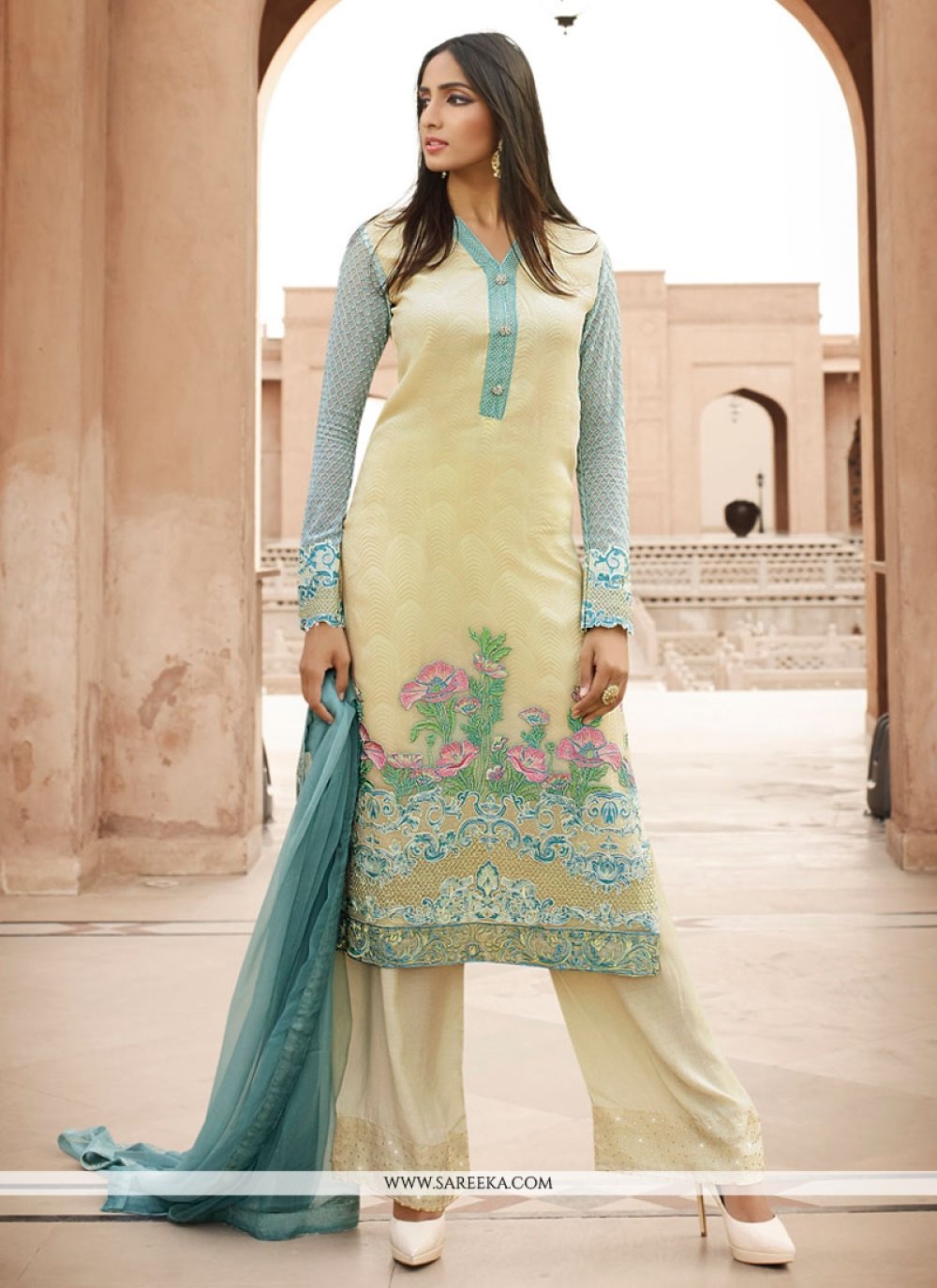 Embroidered Georgette Designer Pakistani Salwar Suit in Yellow