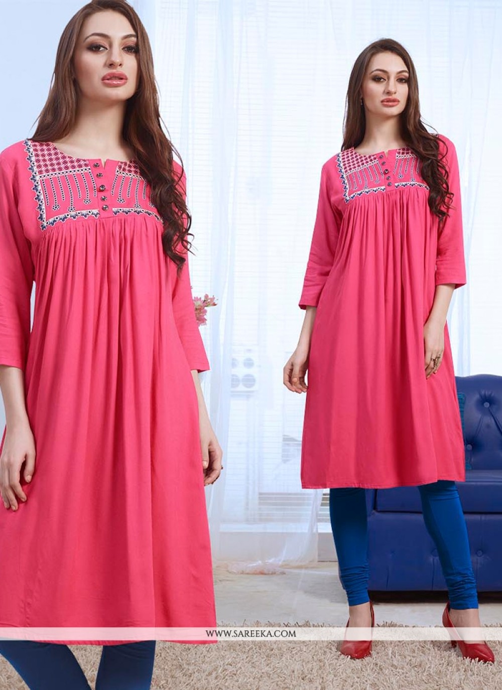 Embroidered Rayon Party Wear Kurti in Hot Pink