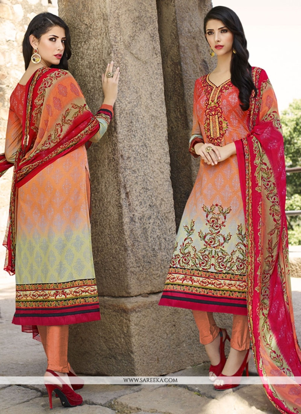 Multi Colour Embroidered Work Churidar Designer Suit