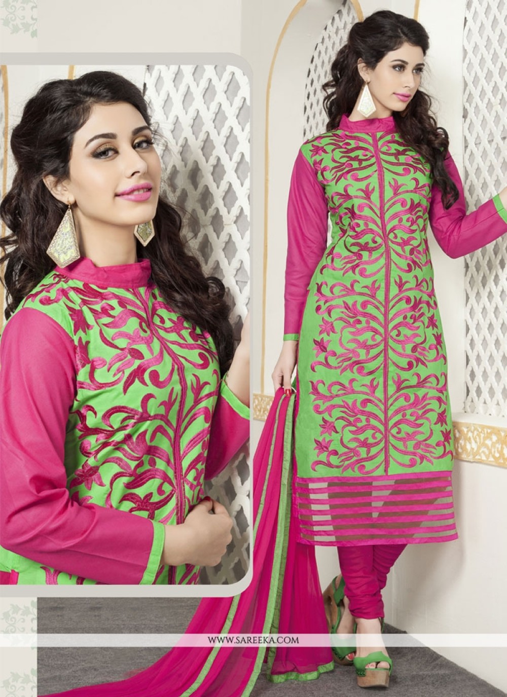 Green and Pink Cotton   Churidar Designer Suit