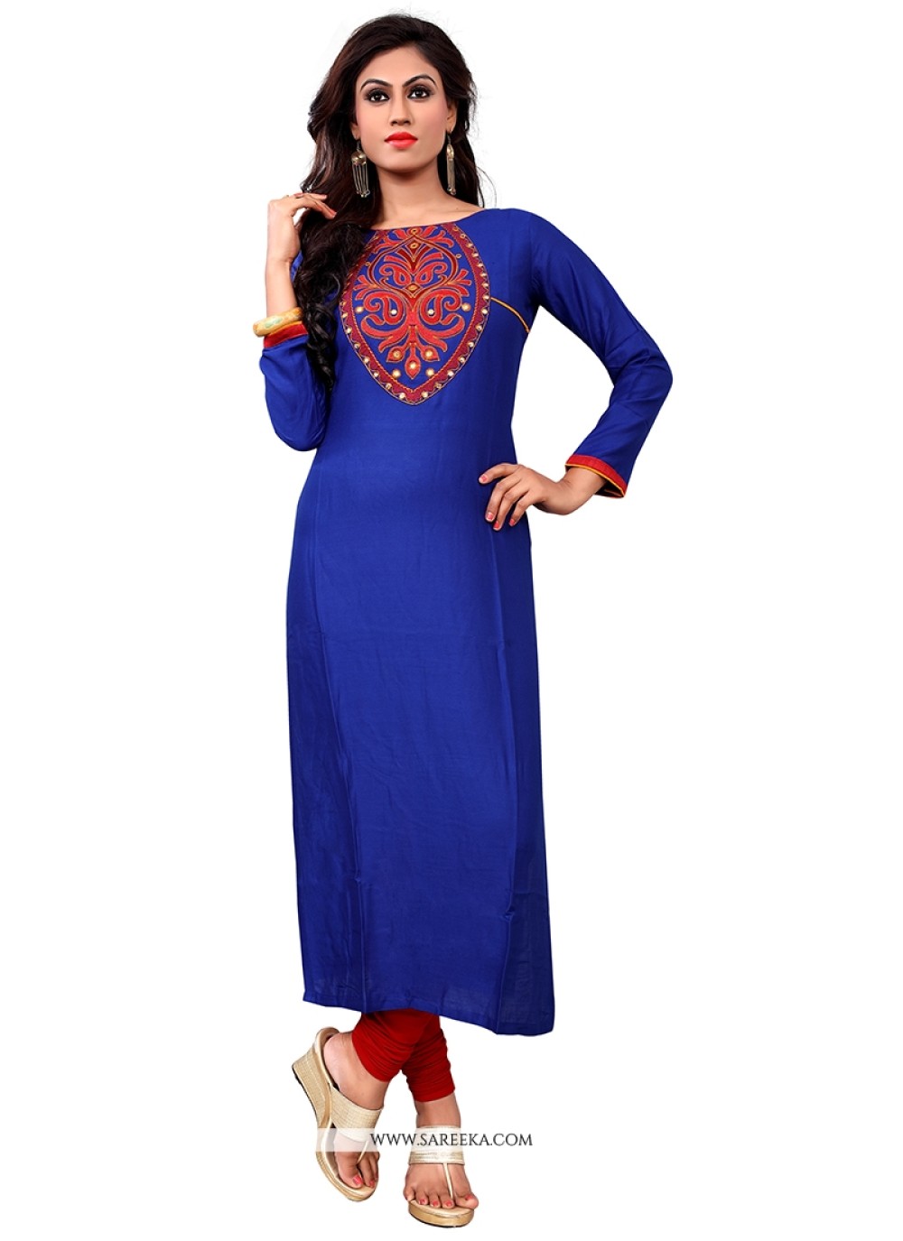 Cotton   Blue Embroidered Work Party Wear Kurti