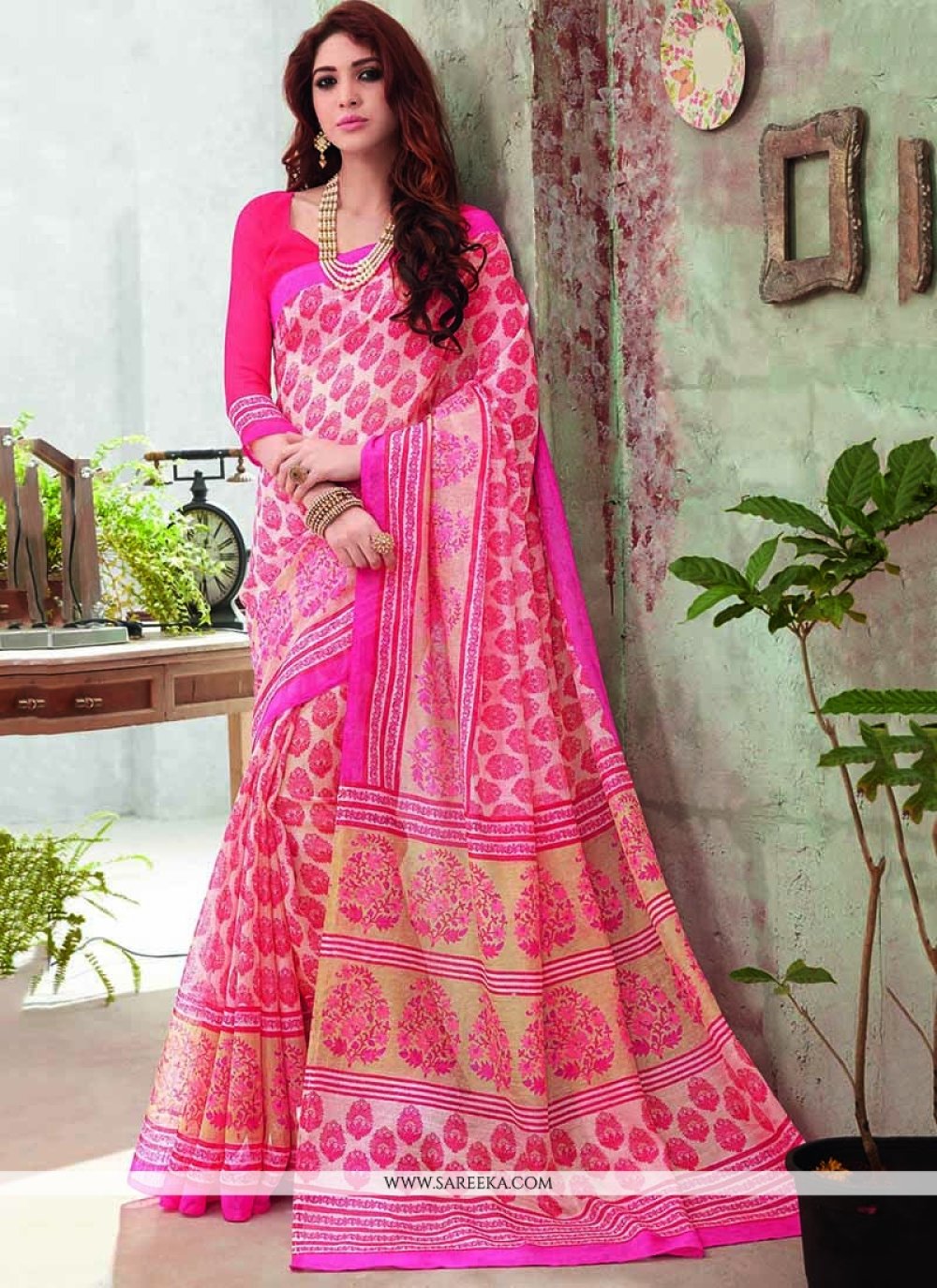 Pink Art Silk Printed Saree