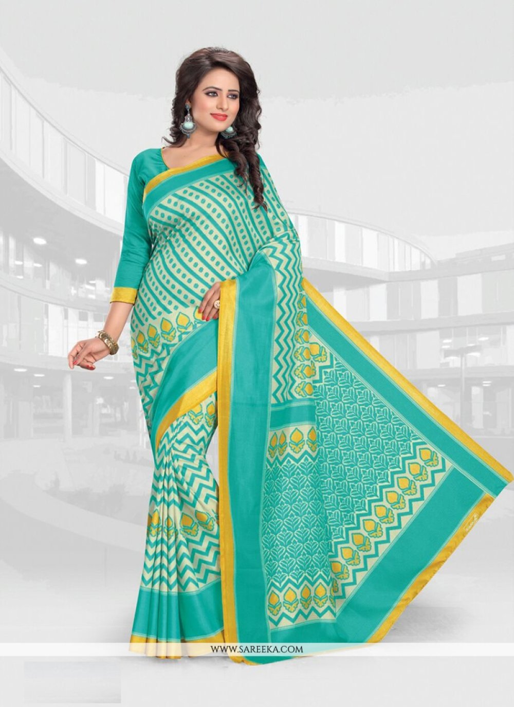 exceeding malbari silk sea green print work casual saree 37656