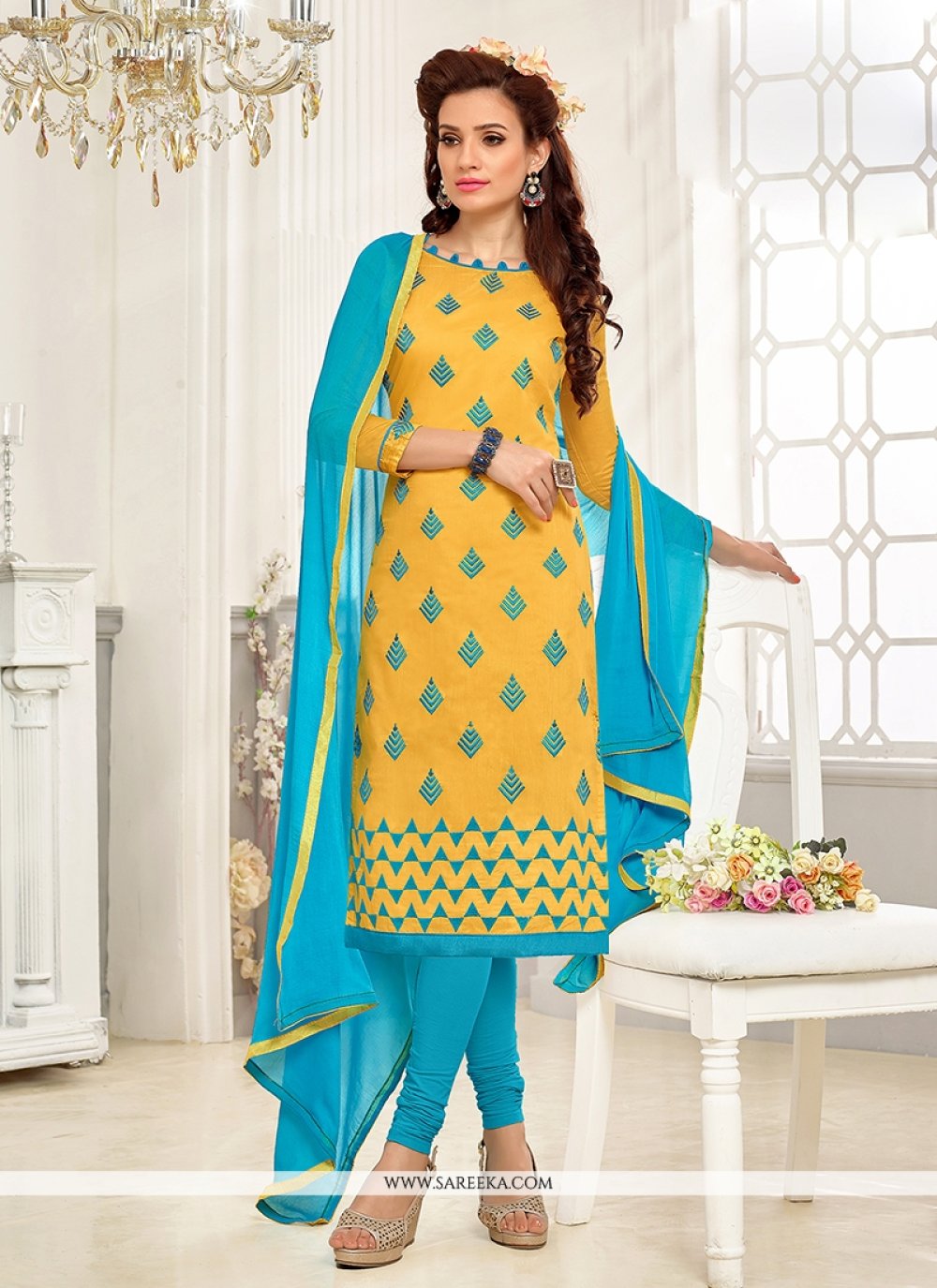 Yellow Embroidered Work Churidar Suit