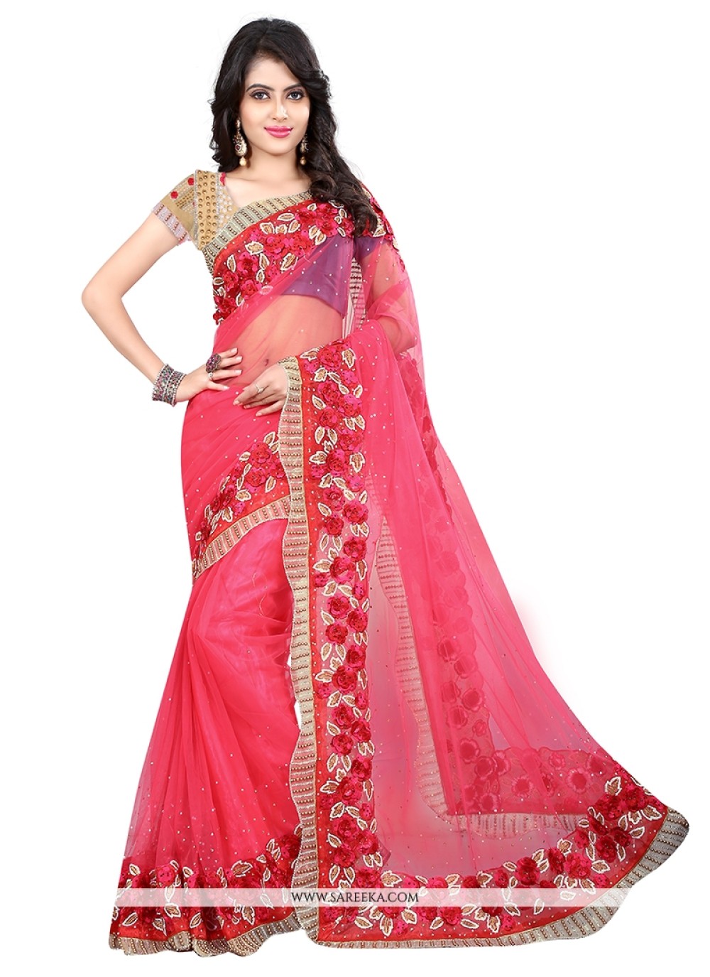 Net Pink Designer Saree