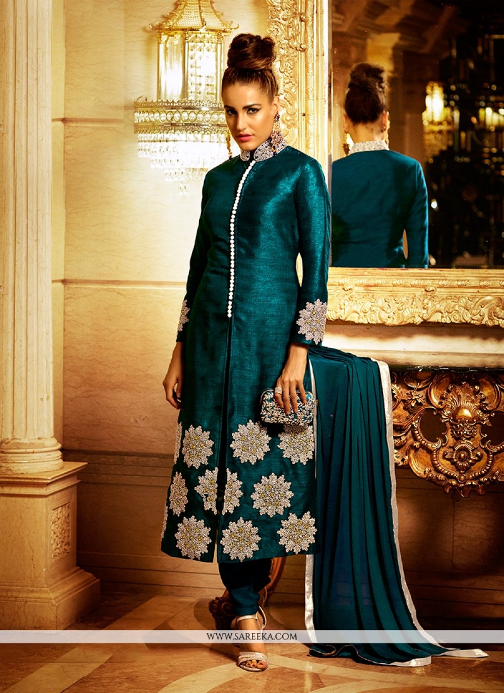 Bhagalpuri Silk Teal Lace Work Churidar Designer Suit