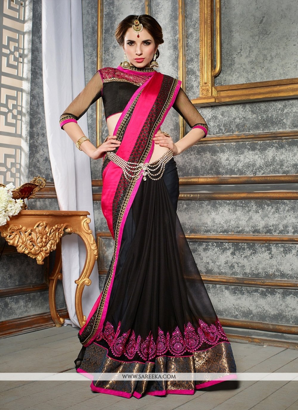 girlish chiffon satin black designer saree 41505