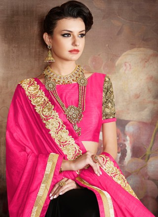 Black and Hot Pink Patch Border Work Georgette Classic Designer Saree