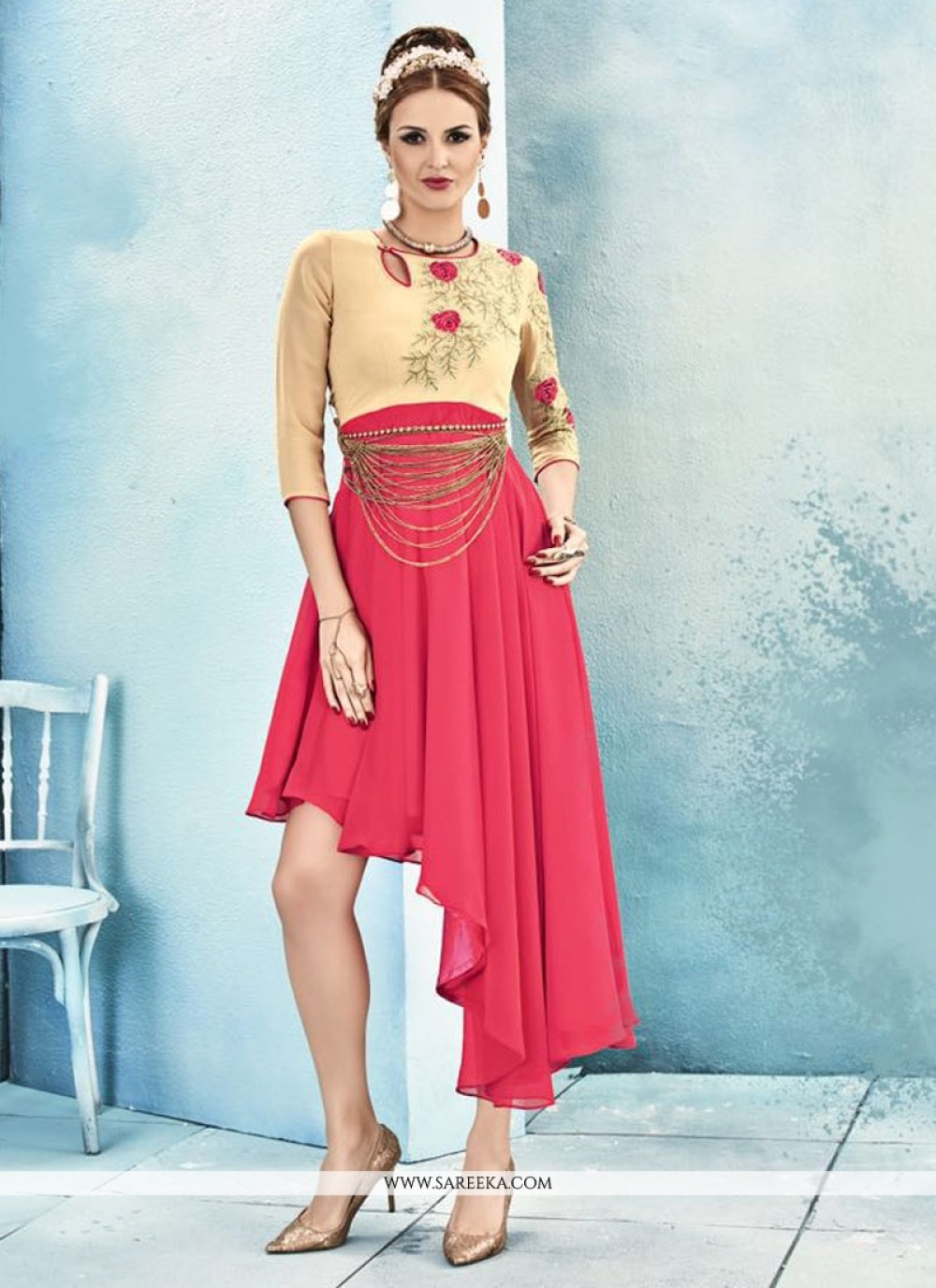 Rose Pink Embroidered Work Georgette Party Wear Kurti