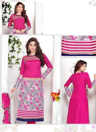 Luxurious Hot Pink Embroidered Work Cotton   Churidar Designer Suit