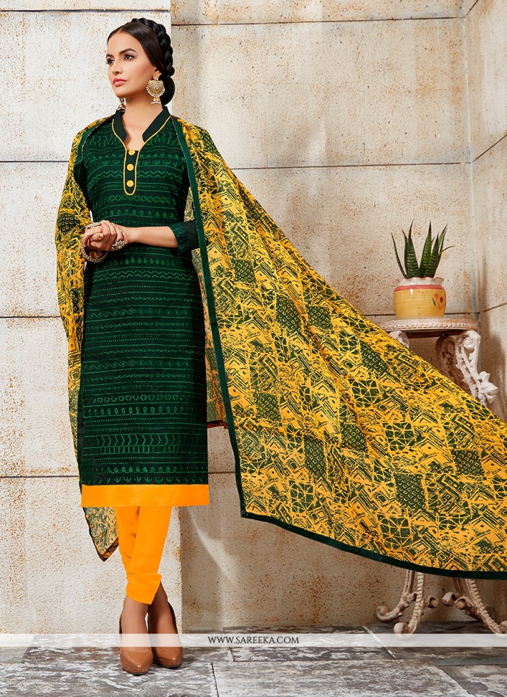 Embroidered Work Green Chanderi Churidar Designer Suit