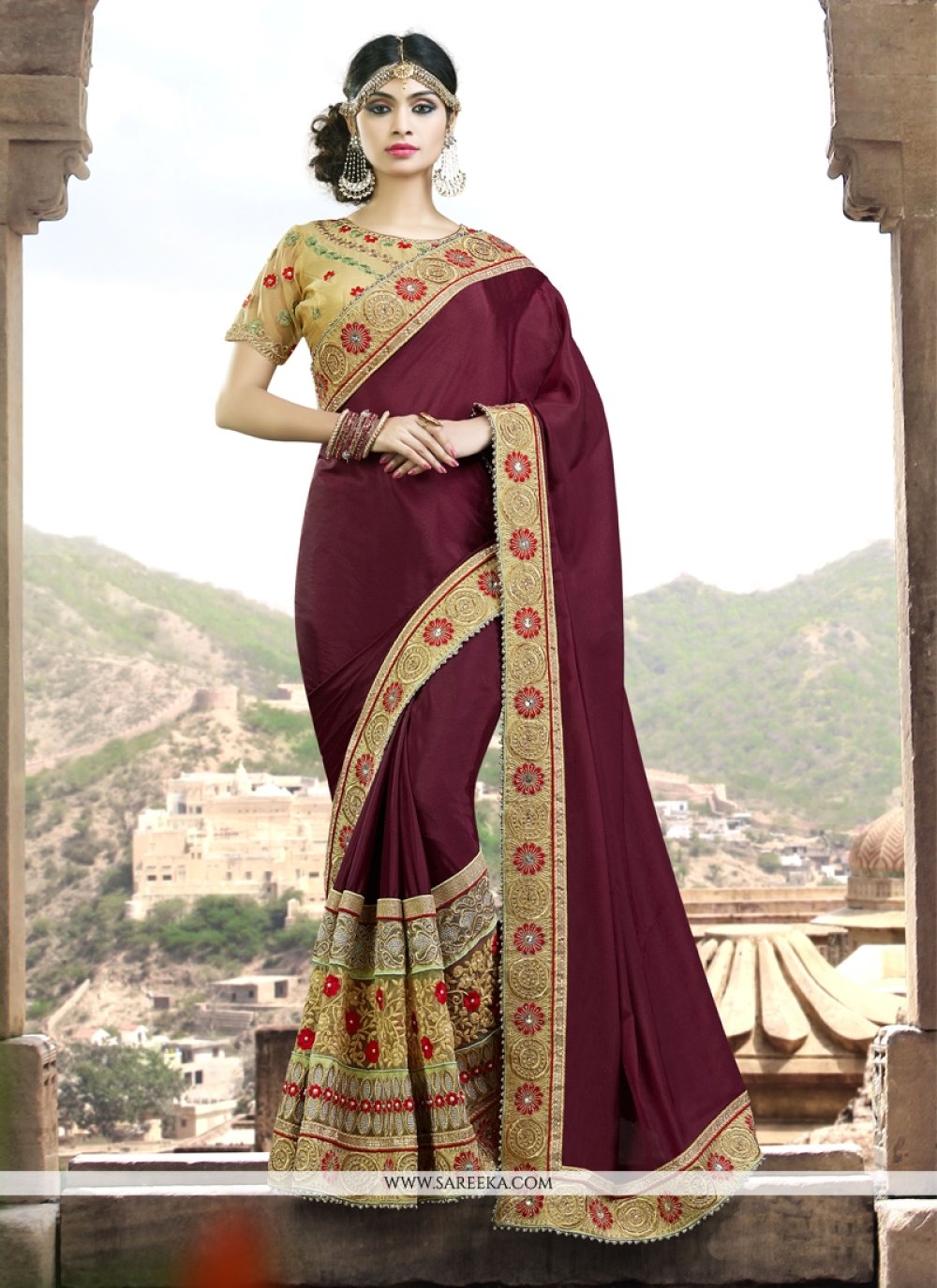 Buy Beige Tussar Georgette Saree Online in USA with Embroidered Border –  Pure Elegance