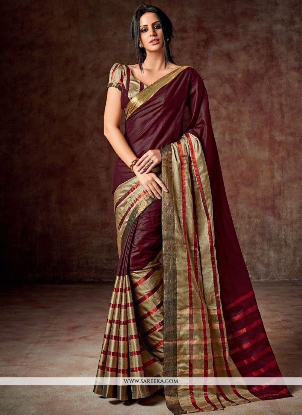 Maroon Patch Border Work Cotton   Casual Saree