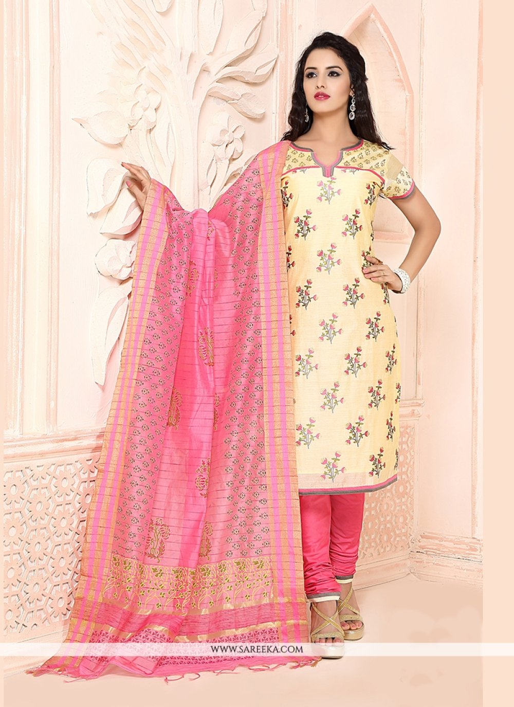 Buy Chanderi Lace Work Churidar Designer Suit Online : South Africa