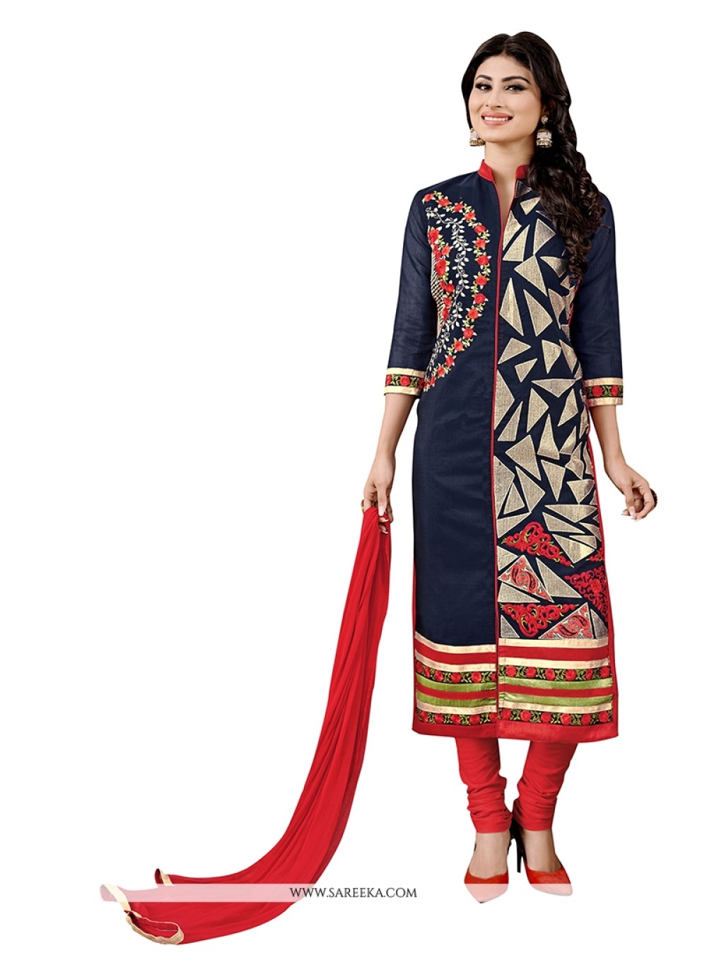 Buy Embroidered Work Navy Blue Fancy Fabric Churidar Designer Suit