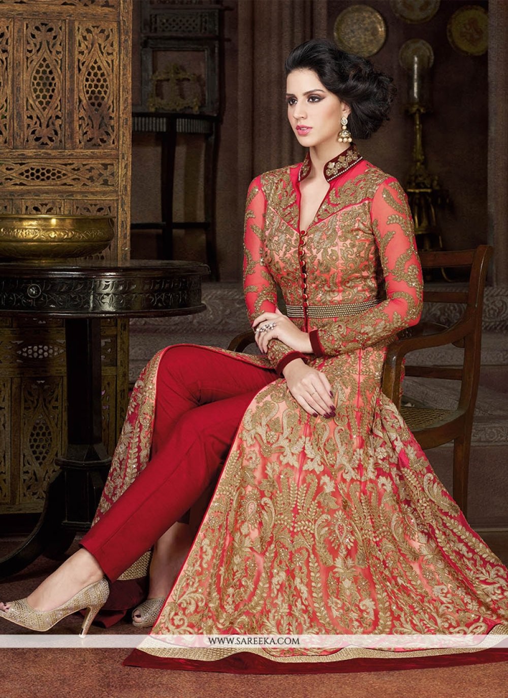 Buy Online Mystic Net Rose Pink Embroidered Work Pant Style Suit 43753