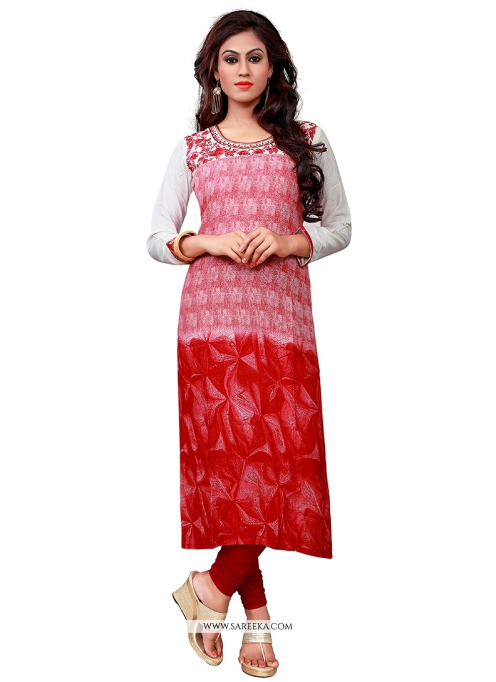 Red Embroidered Work Cotton   Party Wear Kurti