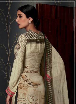 Print Work Pashmina Cream Designer Straight Salwar Suit