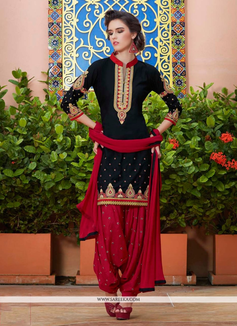 BLACK COLOR REAL MIRROR EMBROIDERED SOFT SILK COTTON PATIALA SALWAR SUIT  SEMI STITCHED - shreematee - 4002753