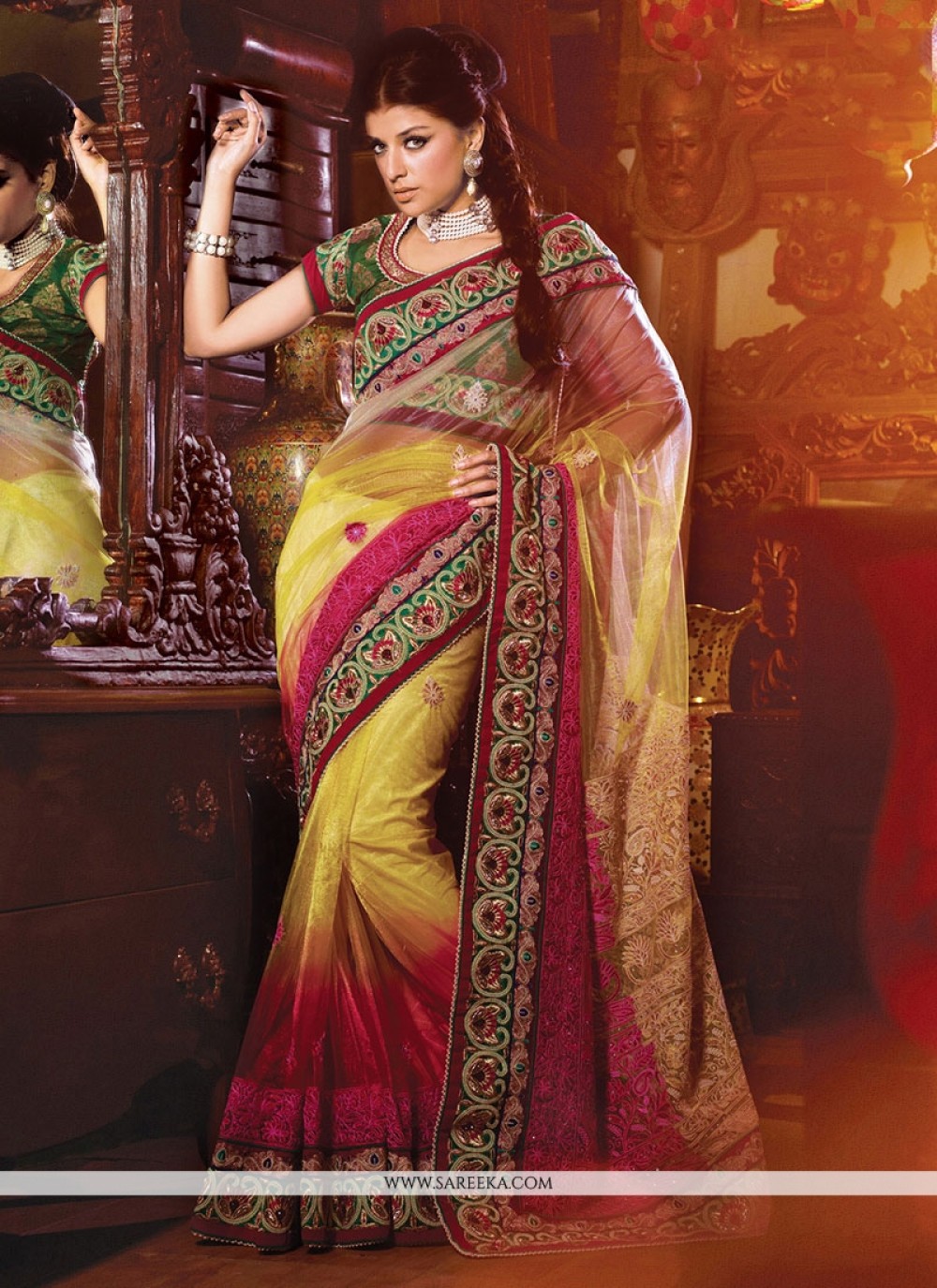 Patch Border Net Designer Saree in Pink and Yellow