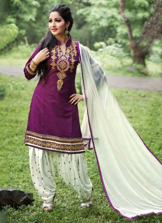 Purple Embroidered Work Cotton   Punjabi Suit