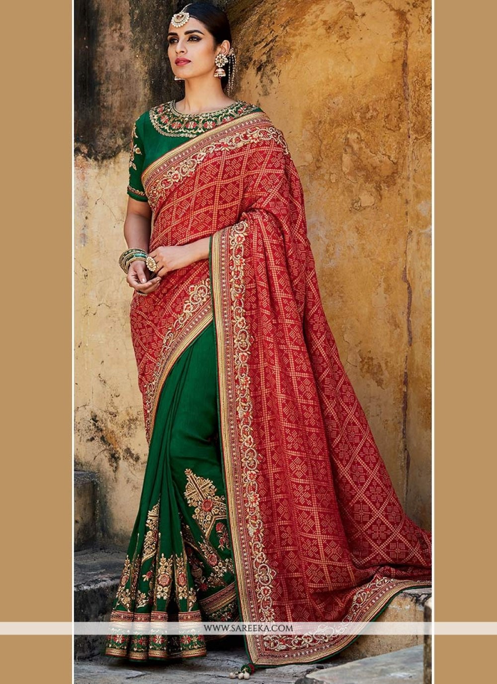 Buy Green And Red Embroidered Work Art Silk Designer Half N Half Saree Online Fiji