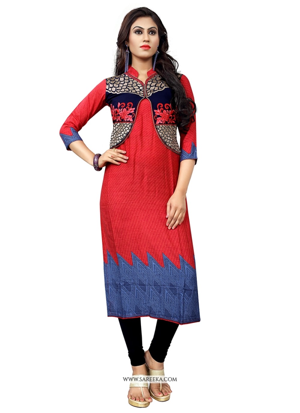 Embroidered Work Red Cotton   Party Wear Kurti