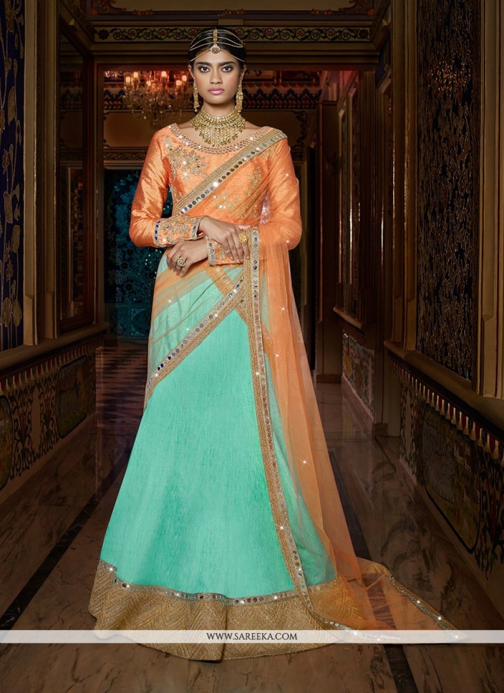 Buy Peach Georgette Embroidered A - Line Lehenga Online : UK -