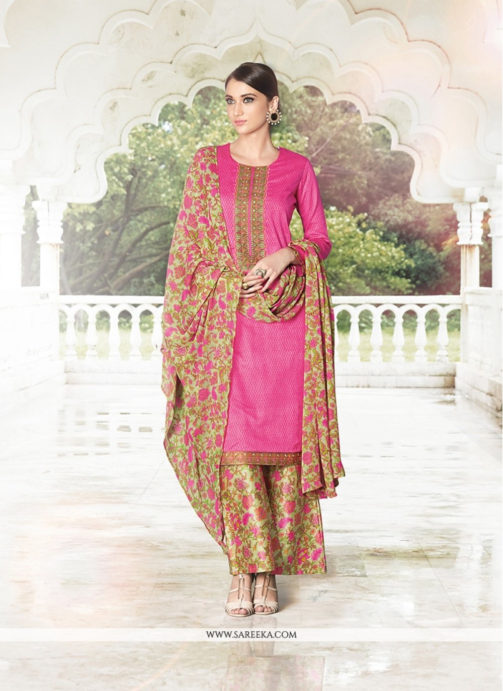 Print Cotton Satin Designer Palazzo Salwar Suit in Hot Pink