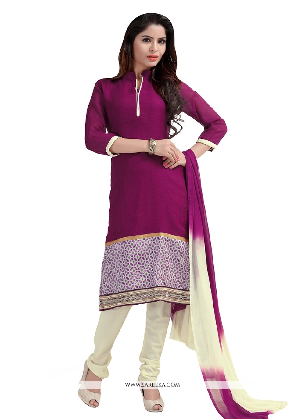 Print Net Churidar Designer Suit in Purple