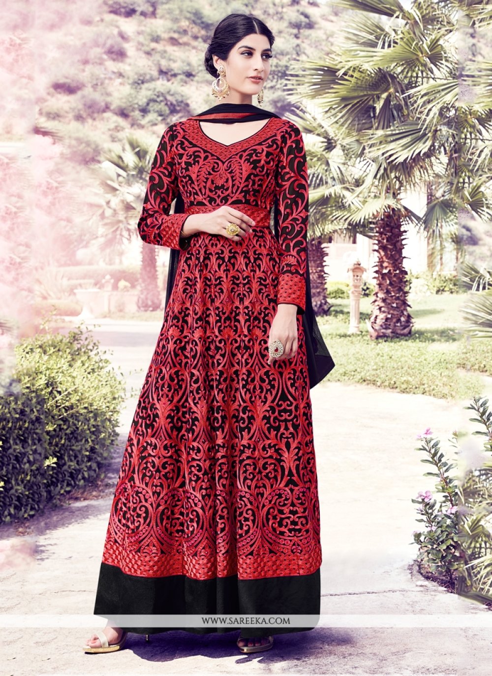 Buy Black and Red Georgette Anarkali Salwar Kameez Online at