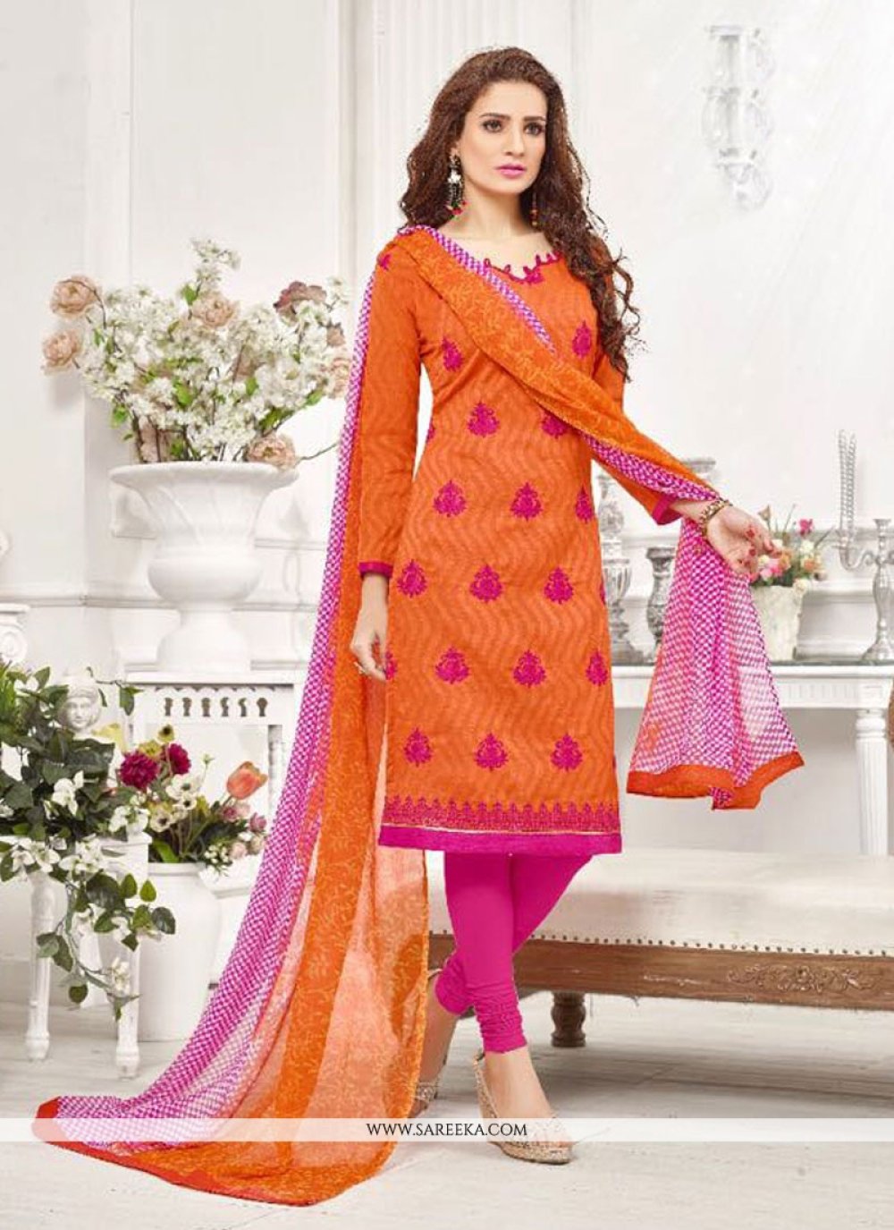 Buy Embroidered Work Orange Cotton Churidar Designer Suit Online