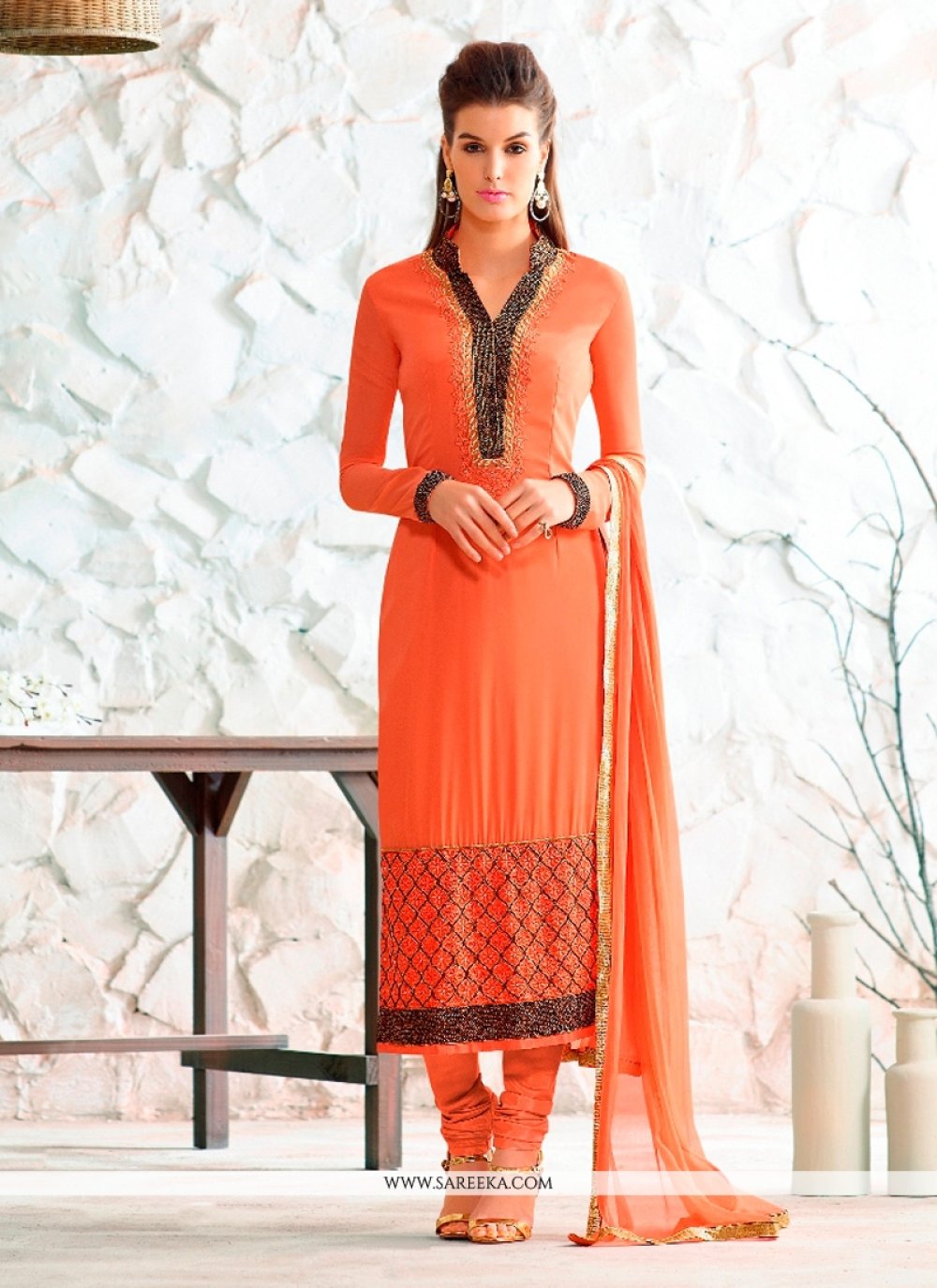Resham Work Orange Georgette Churidar Designer Suit