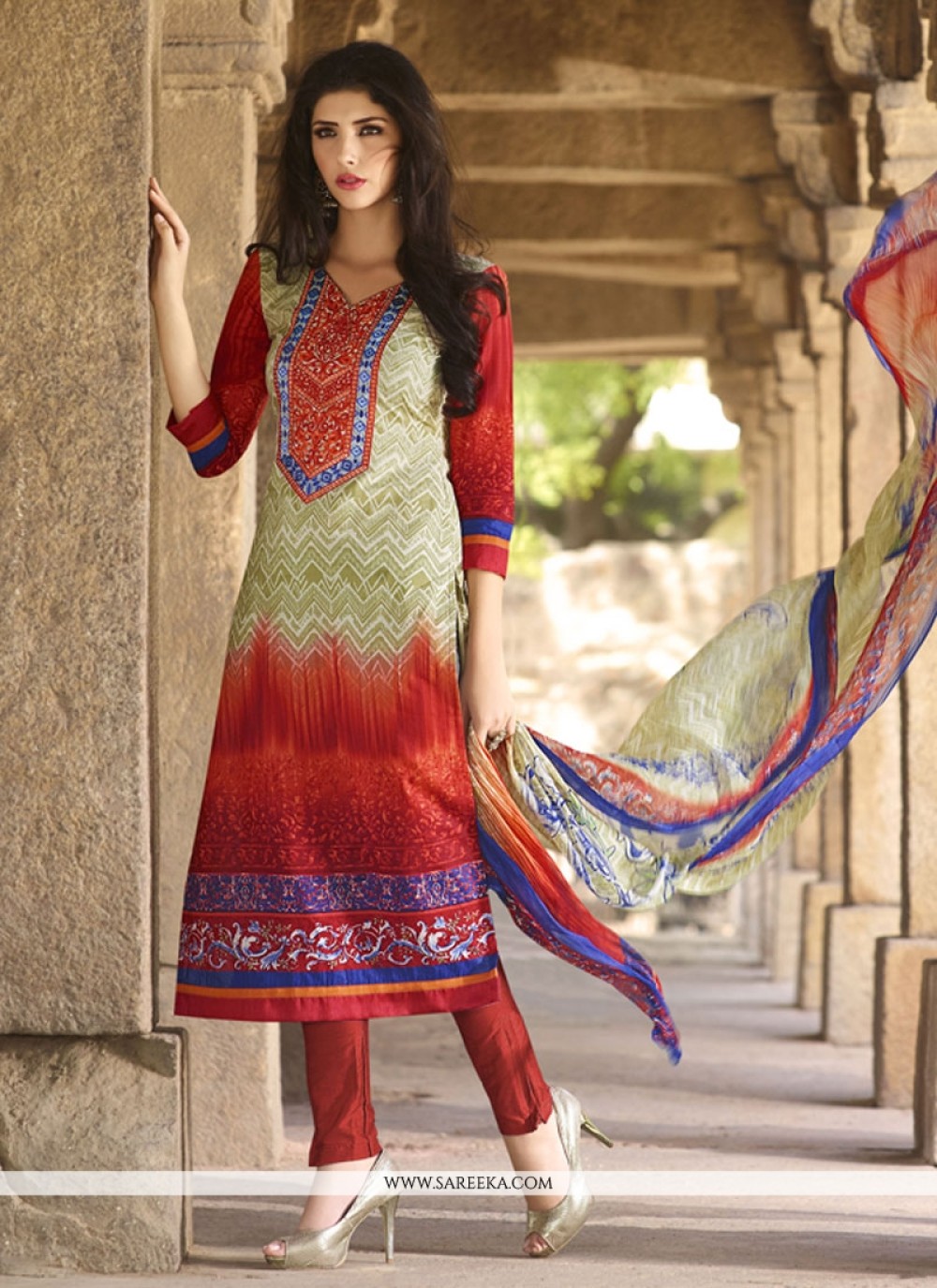 Buy Embroidered Work Cream and Red Cotton Churidar Designer Suit Online