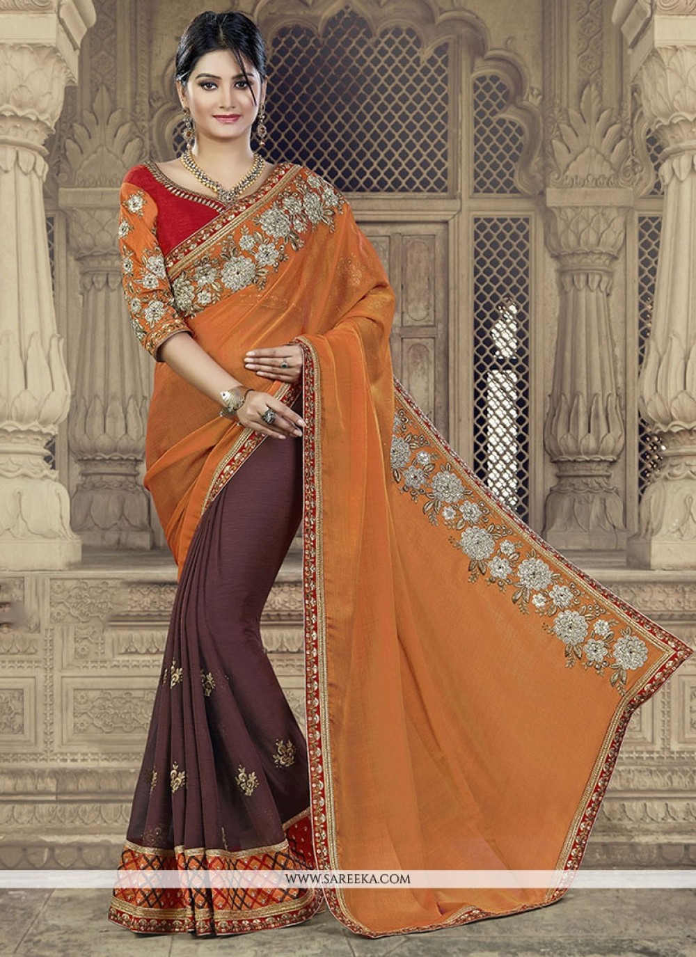 Brown Embroidered Work Faux Chiffon Classic Saree
