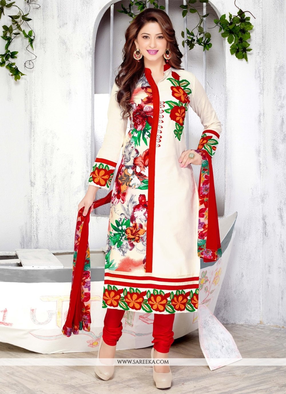 Embroidered Work Cream Cotton Churidar Designer Suit 