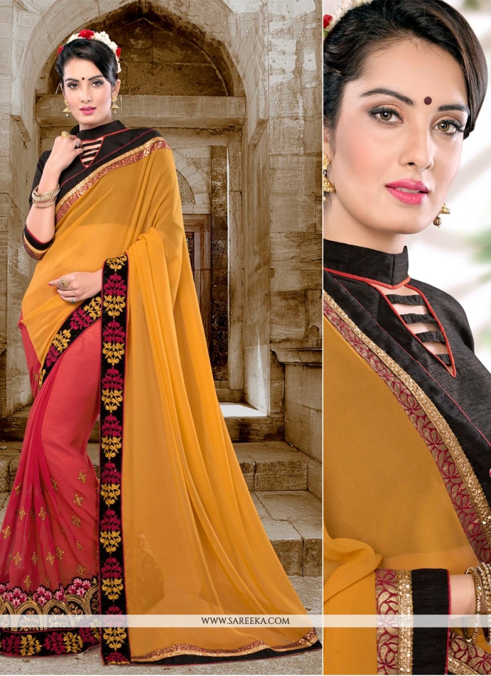 Red and Yellow Patch Border Work Classic Saree