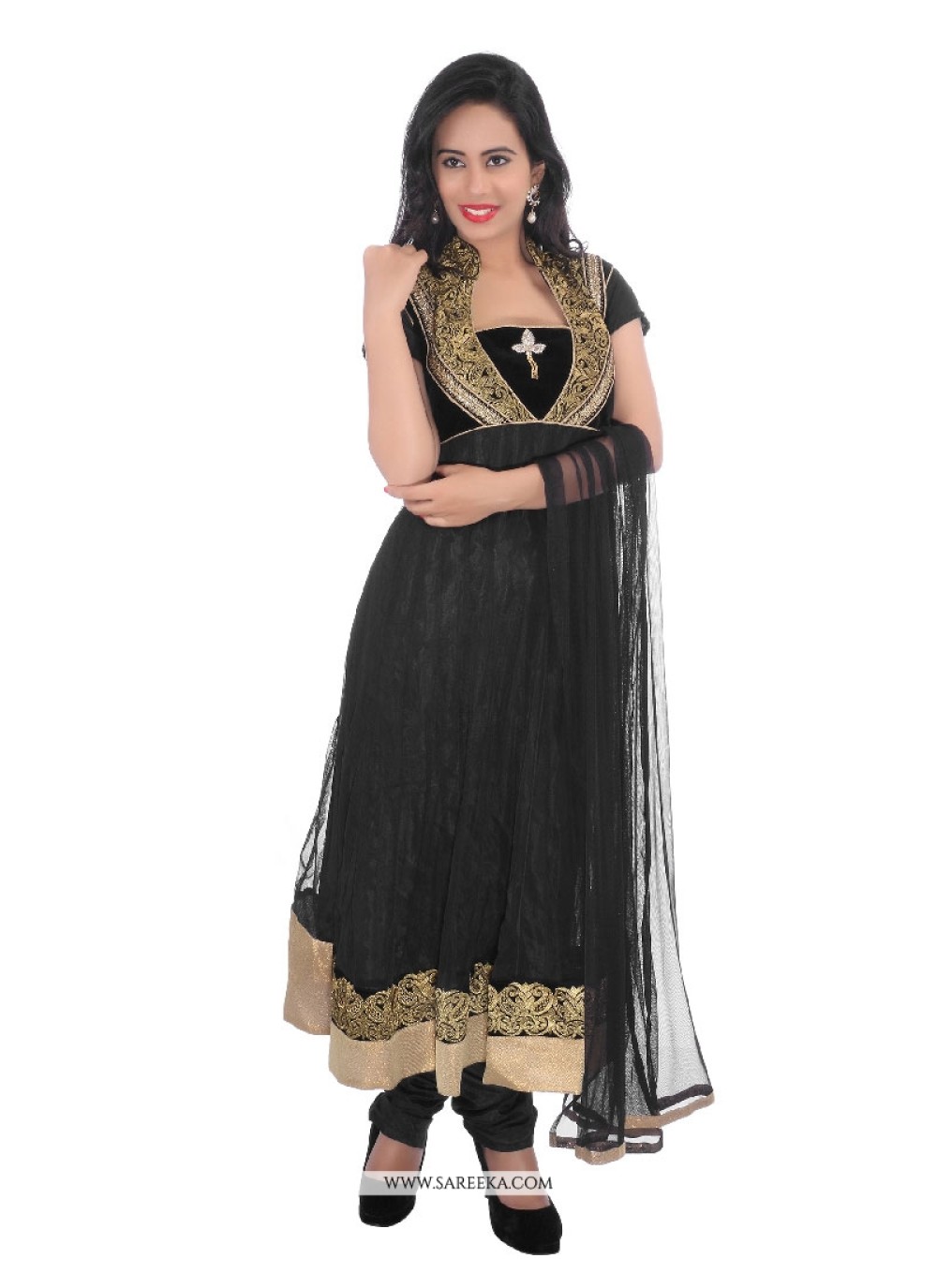 Patch Border Work Net Black Churidar Designer Suit