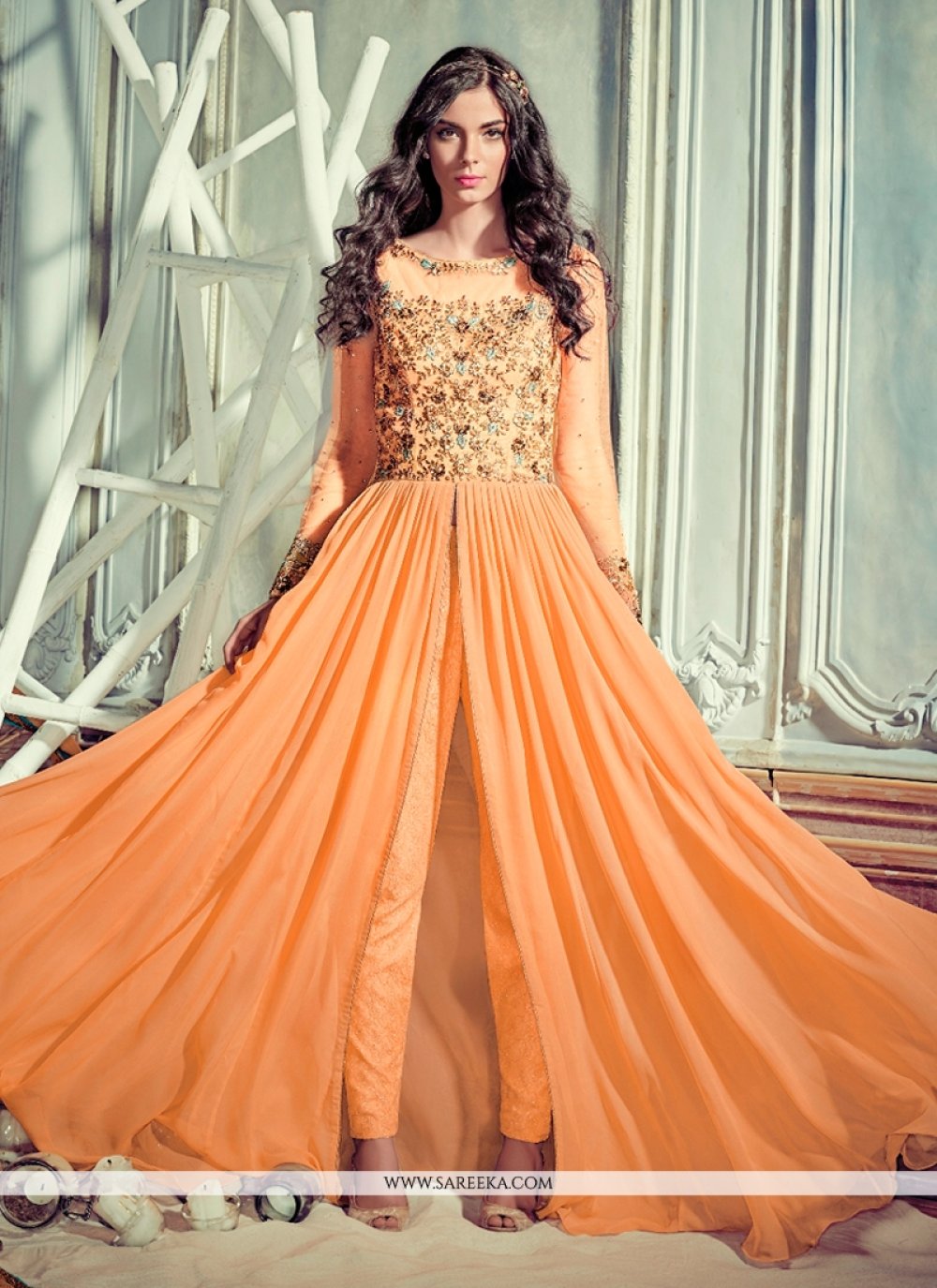 Buy Resham Work Orange Pant Style Suit Online Singapore