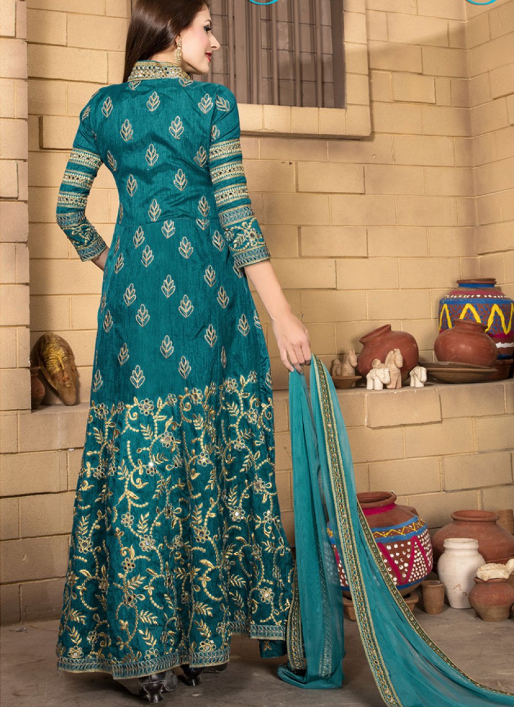 Shop Turquoise Banglori Silk Designer Salwar Kameez Online : 44862