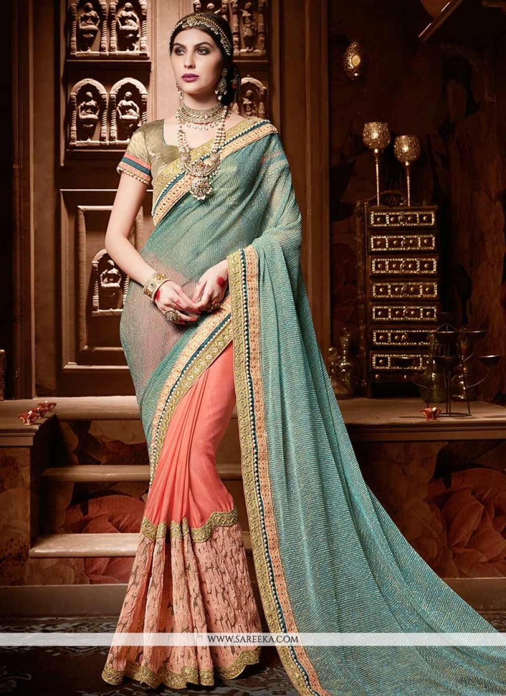 Buy Navy Blue and Turquoise Half N Half Saree Online In USA