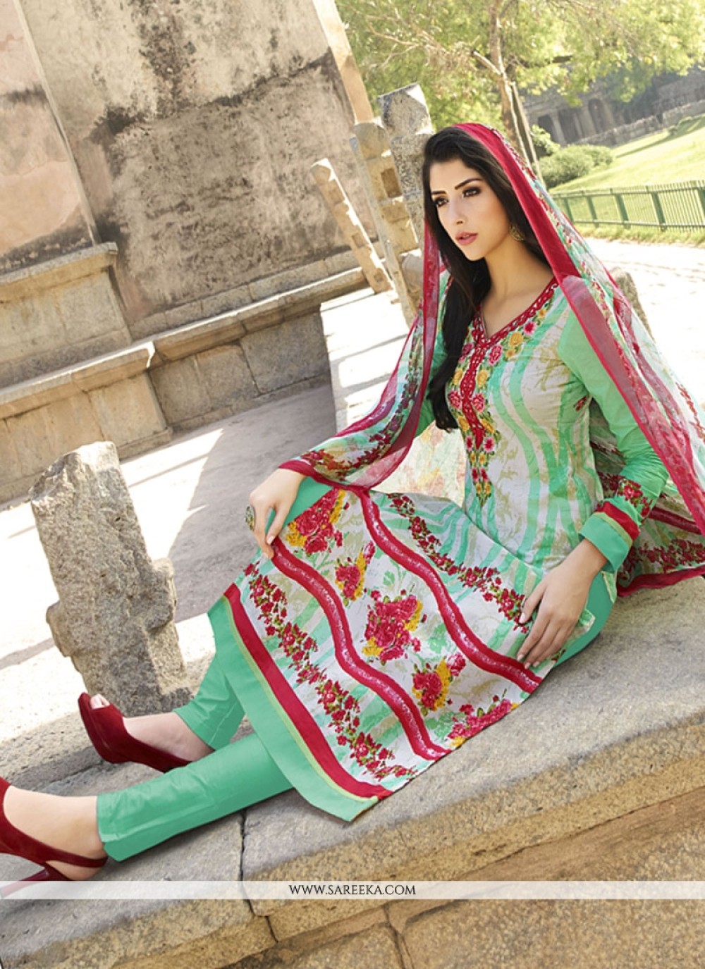Red and Sea Green Embroidered Work Cotton   Churidar Designer Suit