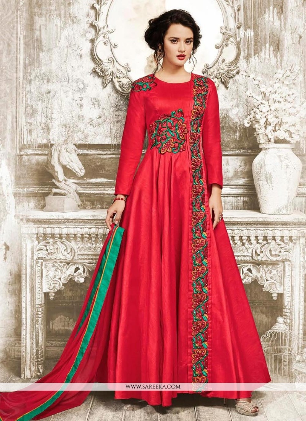 Shop Embroidered Work Red Faux Georgette Floor Length Anarkali Suit ...