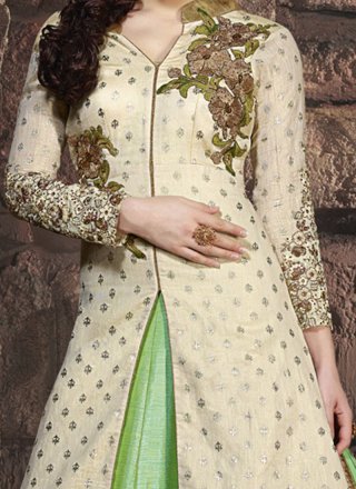 Art Silk Cream and Green Floor Length Anarkali Suit
