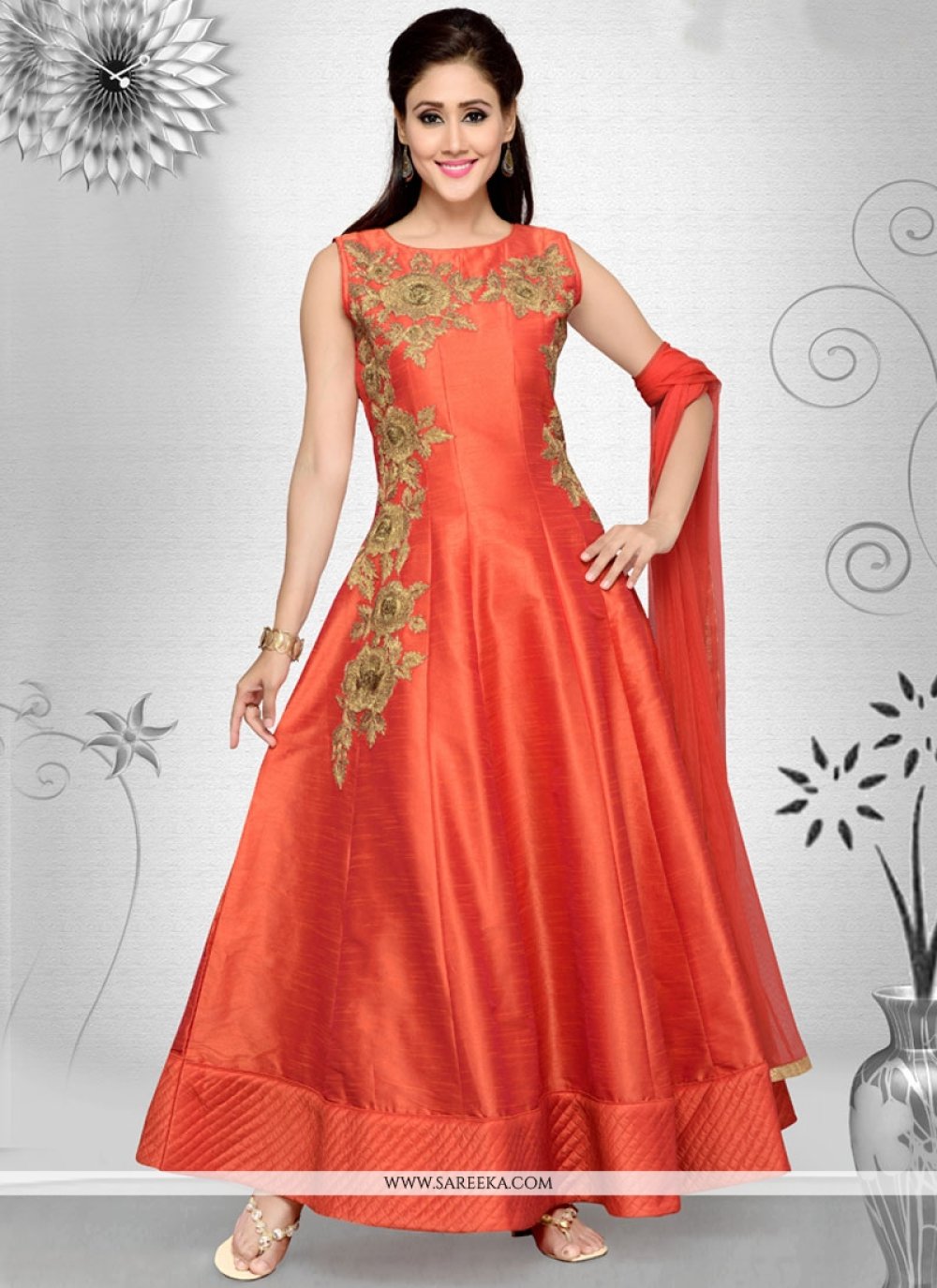 Buy Raw Silk Orange Embroidered Work Readymade Suit Online 55289